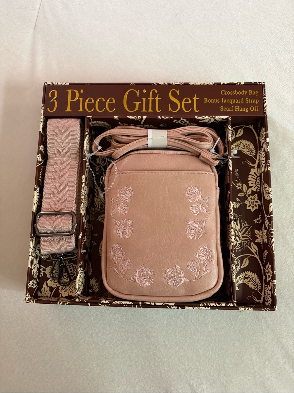 Embroidered Blush Pink Crossbody Bag with Jacquard Strap